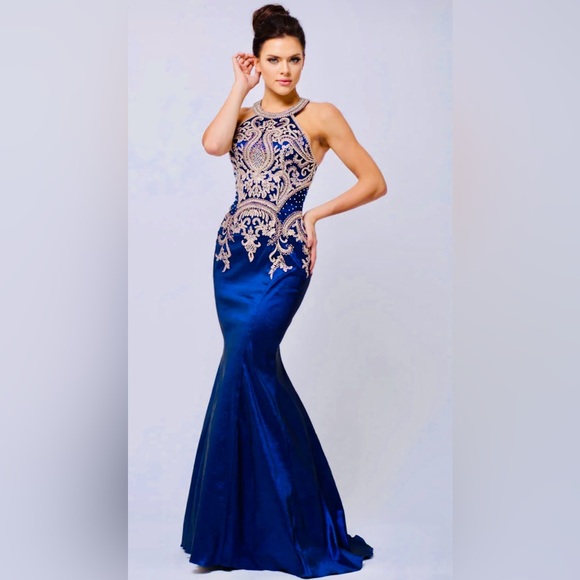 jovani Dresses & Skirts - Jovani Blue and Gold Beaded Halter Gown / Dress